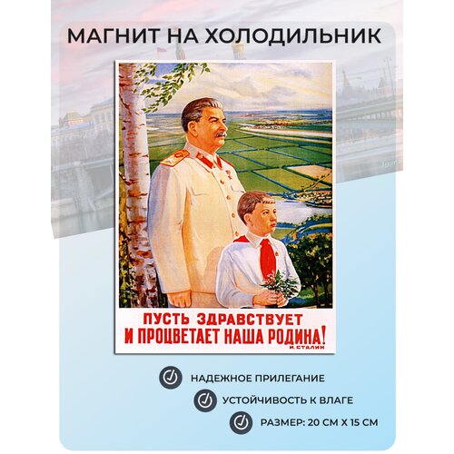 Магнит на холодильник (20 см х 15 см) Советский плакат Пусть здравствует и процветает наша Родина! СССР Ретро Для дома Для кухни Декор Интерьер №27