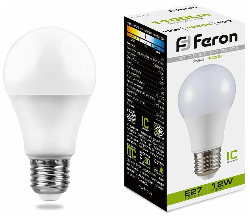 Лампа светодиодная Feron LB-93 25487, A60, 12 Вт, 4000 К