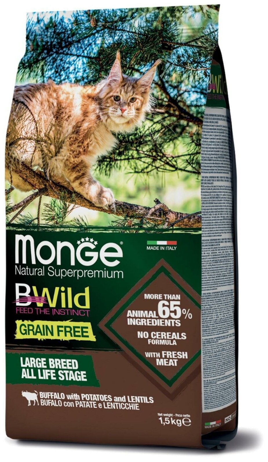 Monge Cat BWild Grain Free Сухой беззерновой корм для крупных кошек, мясо Буйвола 1,5