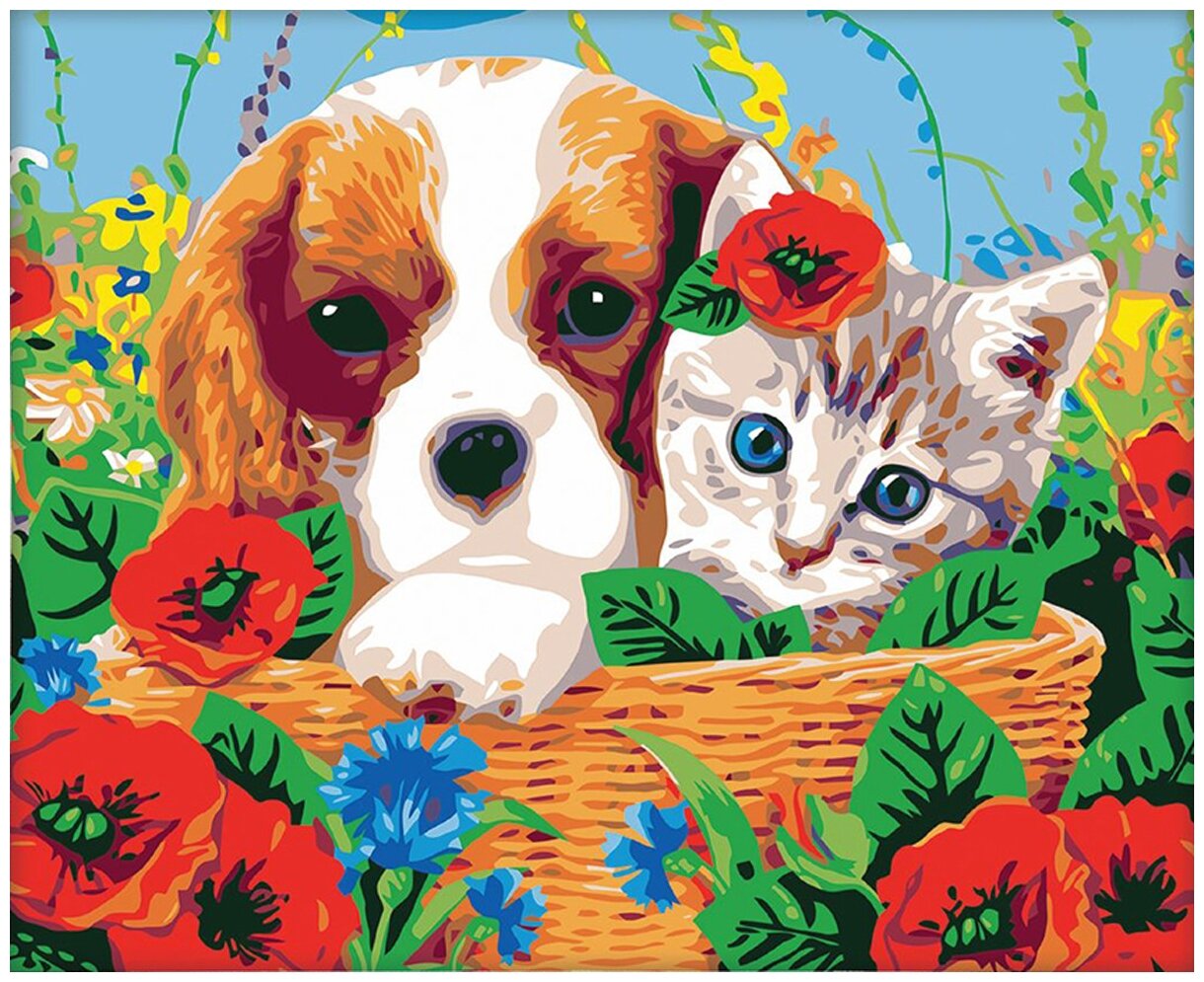 Картина по номерам на холсте с подрамником «Котенок и щенок» Школа талантов - фото №1