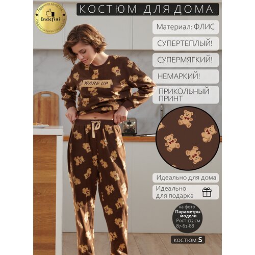 фото Пижама indefini, брюки, толстовка, длинный рукав, карманы, размер s(44), коричневый