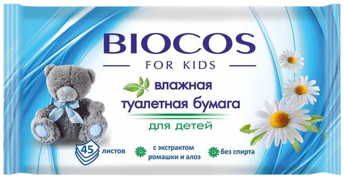 Влажная туалетная бумага BioCos С нежным лосьоном, липучка, 45 шт., 1 уп.