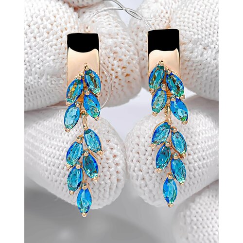 длинные в форме веточки Серьги Trade Jewelry из серебра 925 пробы (покрытие золото 585) с голубым топазом