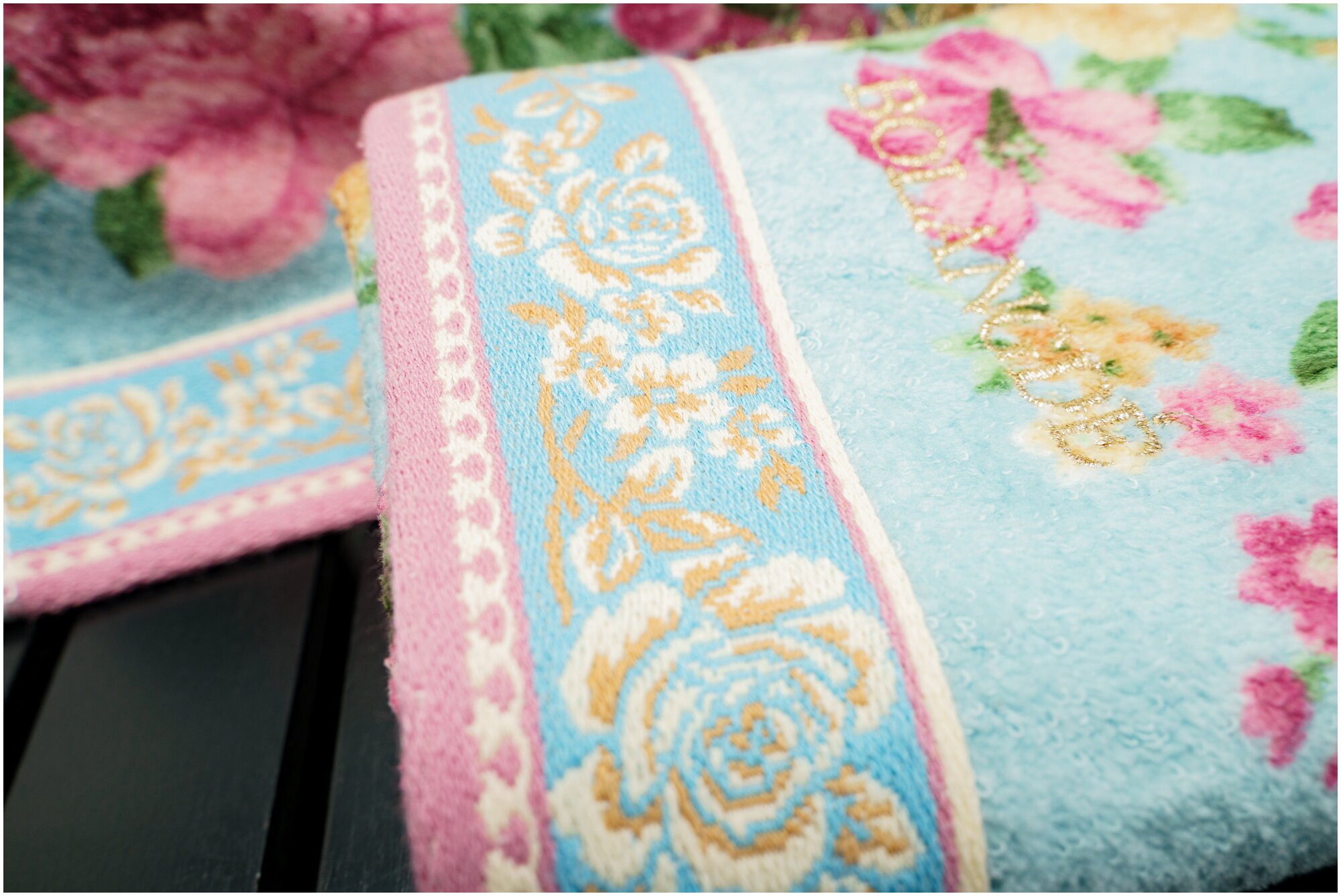 Набор полотенец для рук и лица 2 шт, полотенце для ванной махровое, велюровое BOLANGDE, 100% хлопок, рисунок цветы, Япония Пионы34х78, голубой - фотография № 7