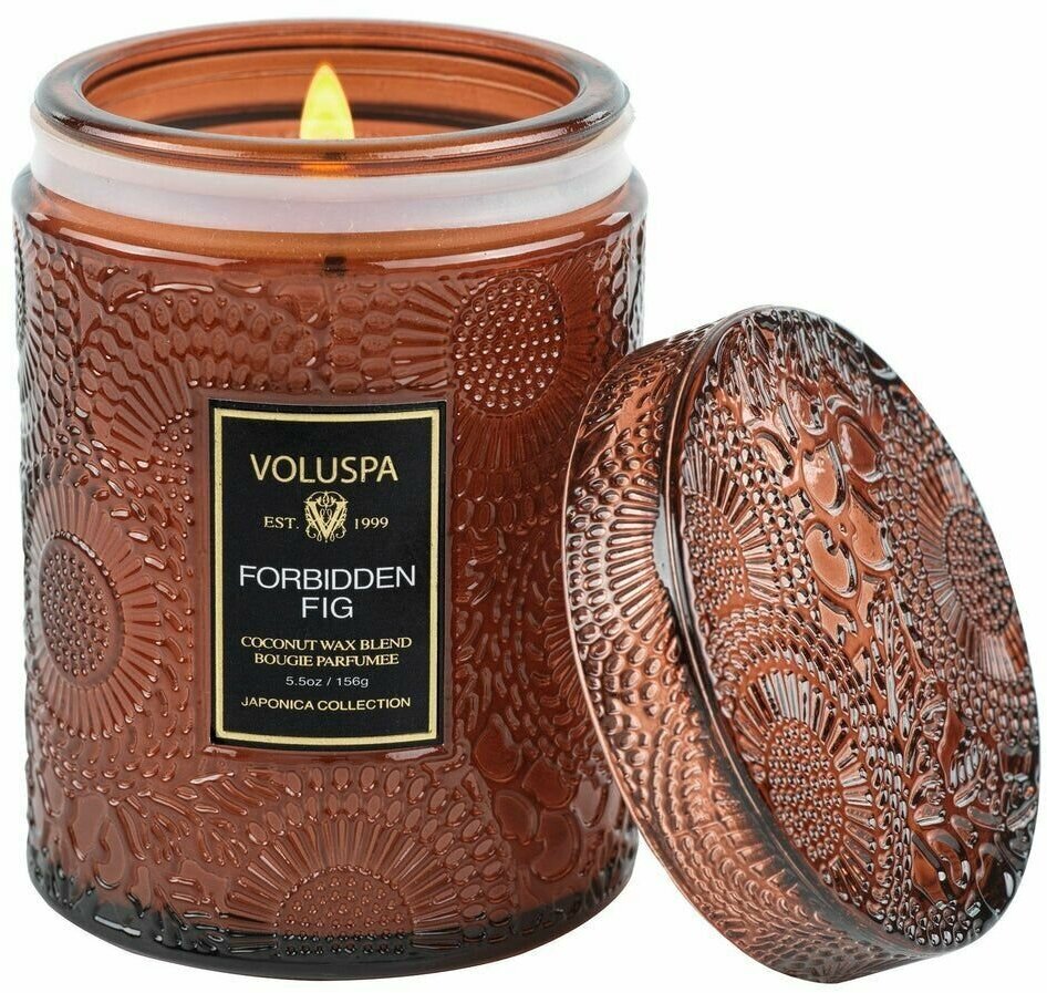 Свеча ароматическая VOLUSPA "Запретный плод" / FORBIDDEN FIG в стеклянном подсвечнике с крышкой, хлопковый фитиль, 50 ч. горения, 156 гр