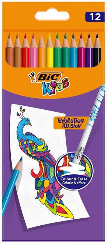 Карандаши цветные 12 цветов BIC Kids Evolution Illusion (L=180мм, D=7мм, круглые, стираемые, пластик) картон (987868)