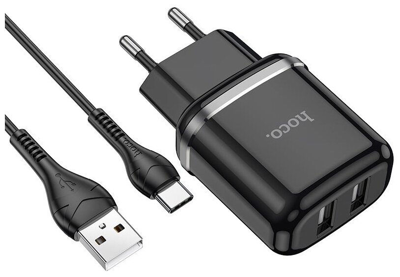 Адаптер питания Hoco N4 Aspiring dual port charger с кабелем Type-C (2USB: 5V max 2.4A) Черный