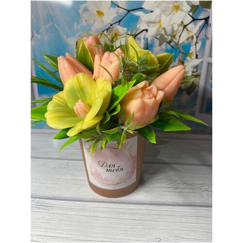 Букет желто-персиковых тюльпанов / wow- букет / Мыло ручной работы букет ароматный сад