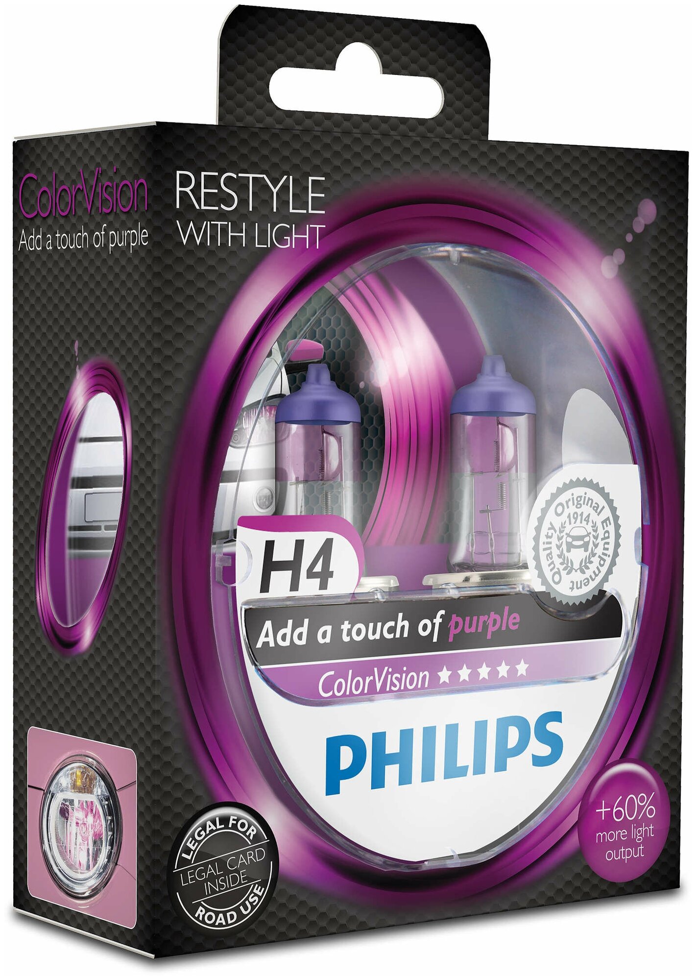 Лампа h4 12342 color vision розовый 12v 60/55w p43t-38 (пластиковая упковка 2 шт.) Philips 12342CVPPS2
