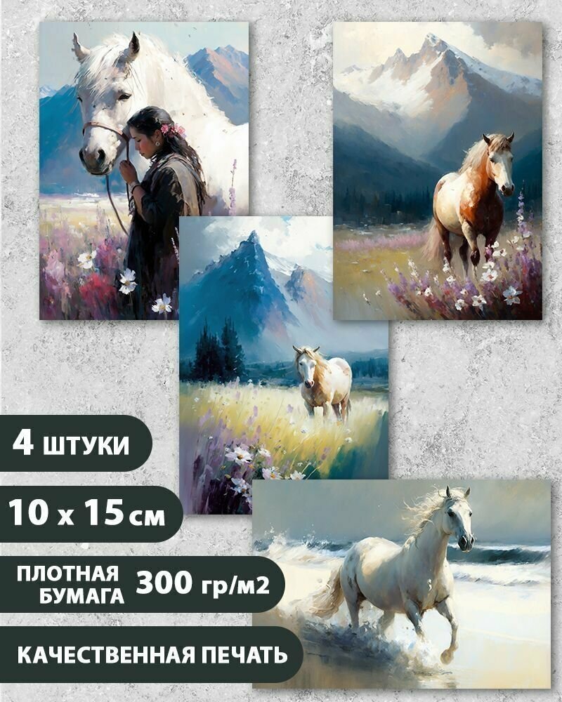 Набор открыток "Лошади", 10.5 см х 15 см, 4 шт, InspirationTime, на подарок и в коллекцию