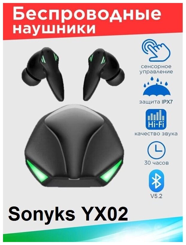 Беспроводные игровые наушники Sonyks YX-02, Bluetooth V5.2 / YX-02 TWS Цвет черный