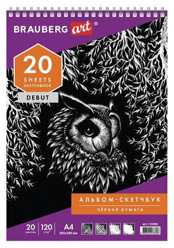 Скетчбук черная бумага 120 г/м2 205х290 мм 20 л. гребень жёсткая подложка BRAUBERG ART DEBUT, 2 шт