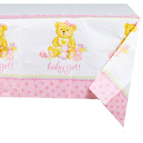 Скатерть праздничная, одноразовая, бумажная Amscan. Медвежонок, Девочка, розовый, 140х260 см