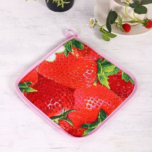 Прихватка 18х18 см, Клубника, рогожка, 100% хлопок, 4 штуки