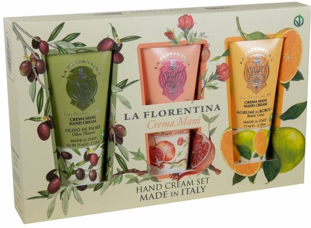 La Florentina Olive flowers, Citrus, Pomegranate Набор: кремы для рук Цветы оливы, Цитрус, Гранат 3*75г