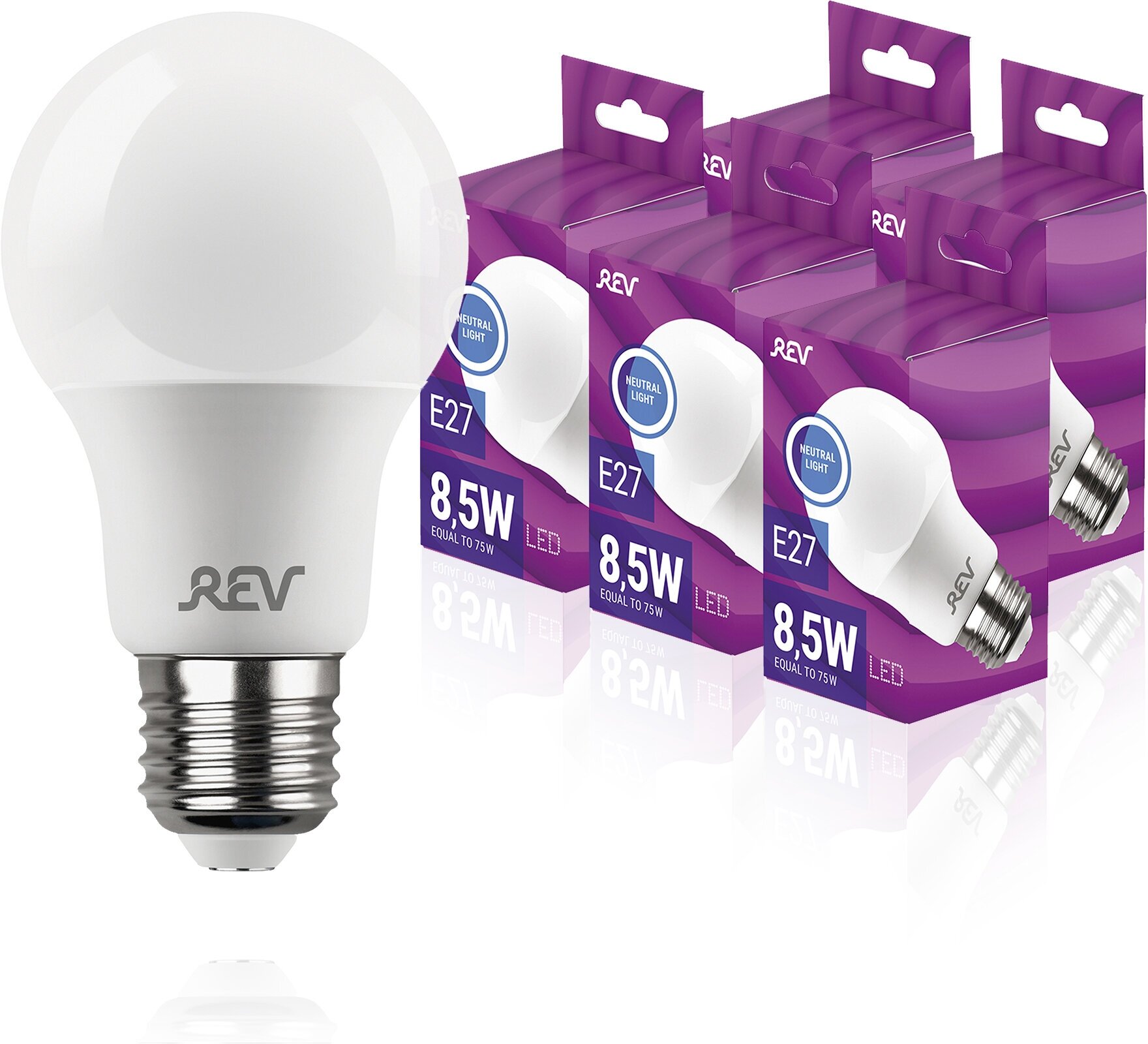 Упаковка светодиодных ламп 5 шт REV 32380 8, 4000К, Е27, A60, 8,5Вт