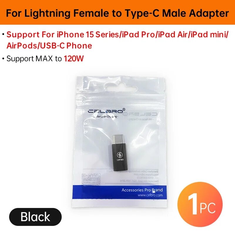Адаптер типа C PD 30 Вт для Ios Lightning «мама» на USB C «папа» Преобразователь быстрой зарядки для iPhone 15 14 13 iPad Pro Кабель Samsung, Black 1PC