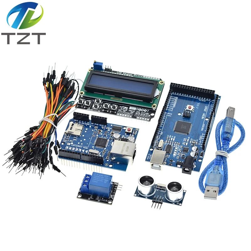 TZT Mega 2560 r3 для комплекта Arduino + HC-SR04 + кабель макетной платы + релейный модуль + щиток W5100 UNO + щиток клавиатуры LCD 1602
