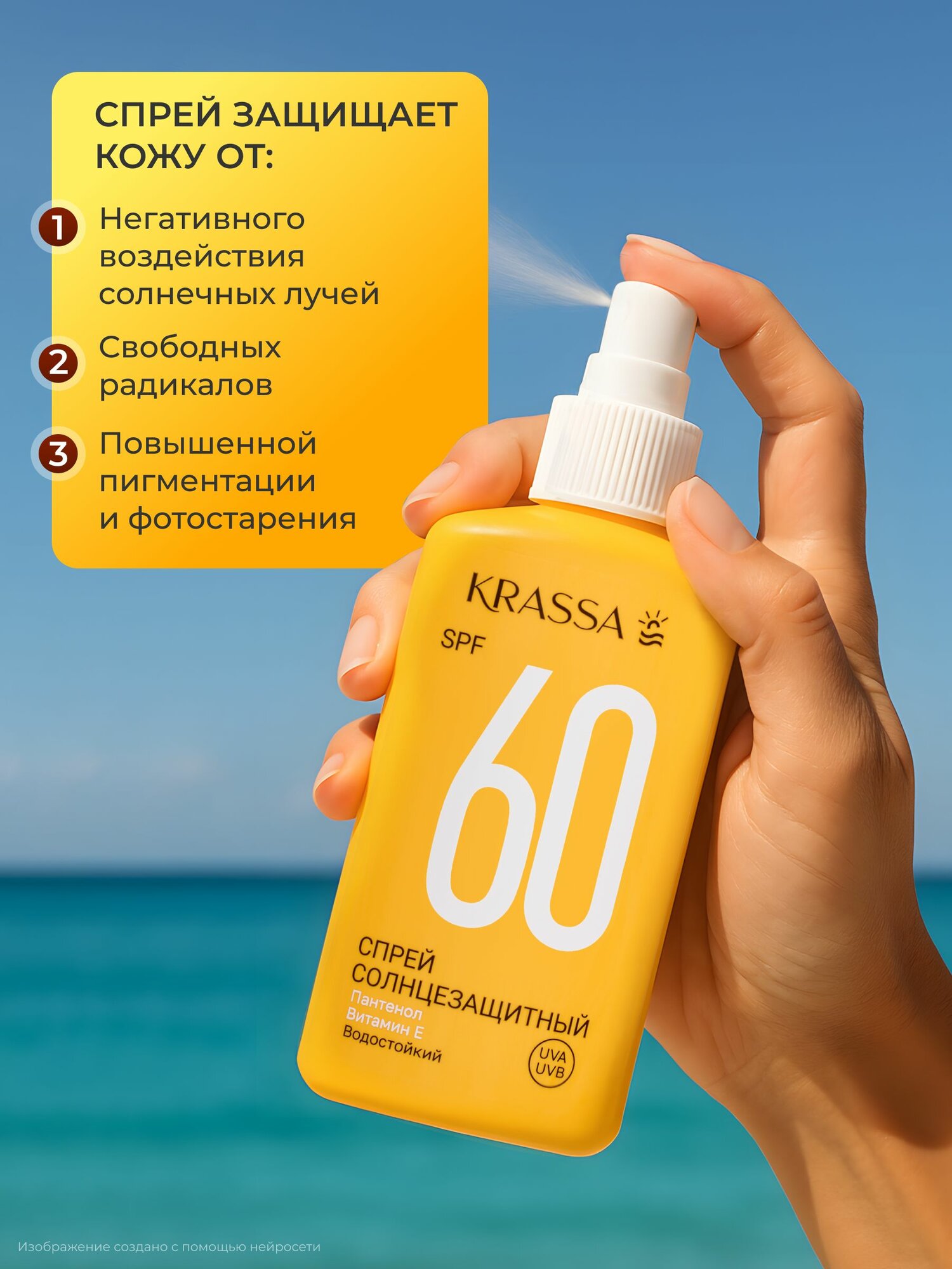 Картинки KRASSA Солнцезащитный спрей SPF 60, крем от загара с пантенолом, 150 мл