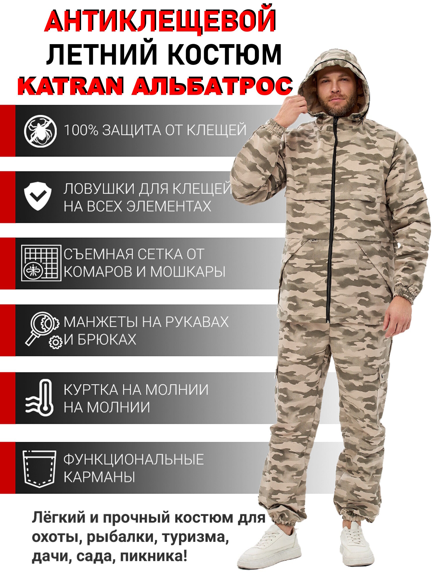 Костюм противоэнцефалитный антимоскитный KATRAN альбатрос (Твил, Серый КМФ), Размер: 44-46 Рост: 170-176