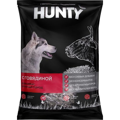 Корм сухой для взрослых собак HUNTY с говядиной, для крупных пород, 10кг