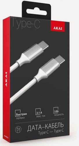 Изображение товара Дата-кабель AKAI CE-468W, Type C- Type С , 1м, 2,1А, TPE , белый