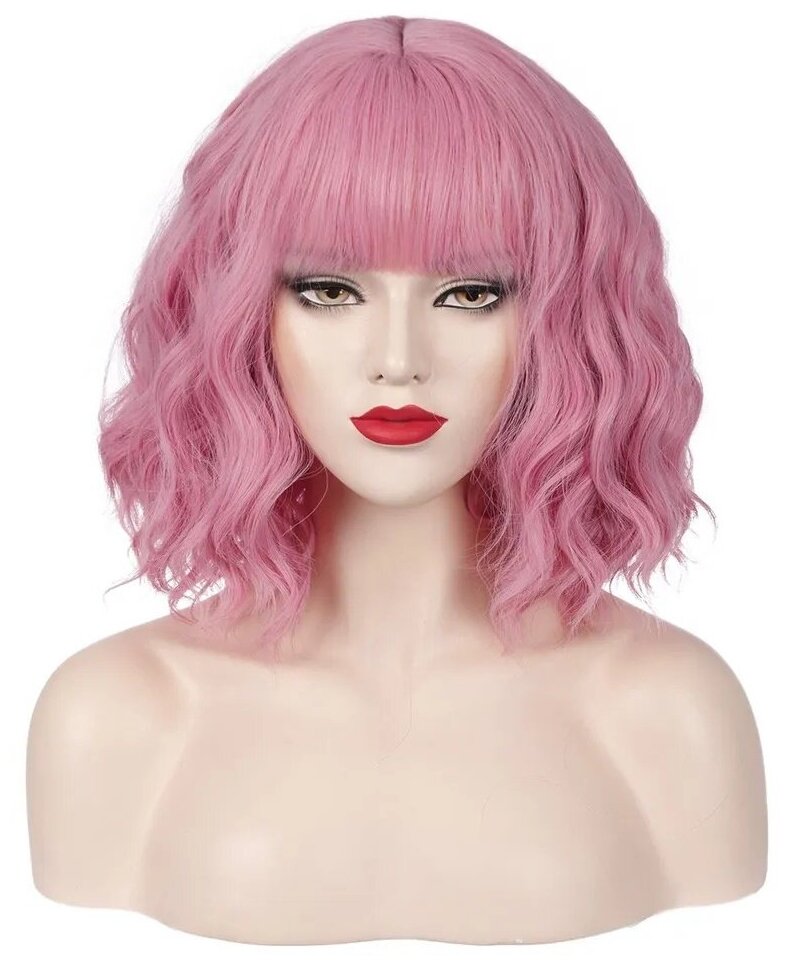 Парик каре с челкой розовый волнистые волосы до плеч / Парик каре удлиненное