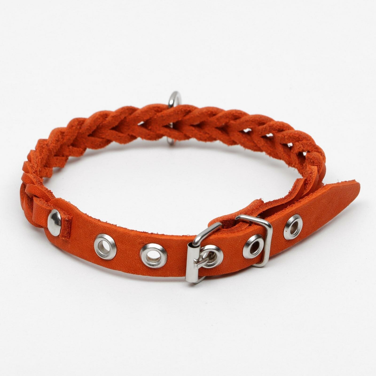 Ошейник кожаный плетеный 12 х 36 см ОШ 20-30 см рыжий