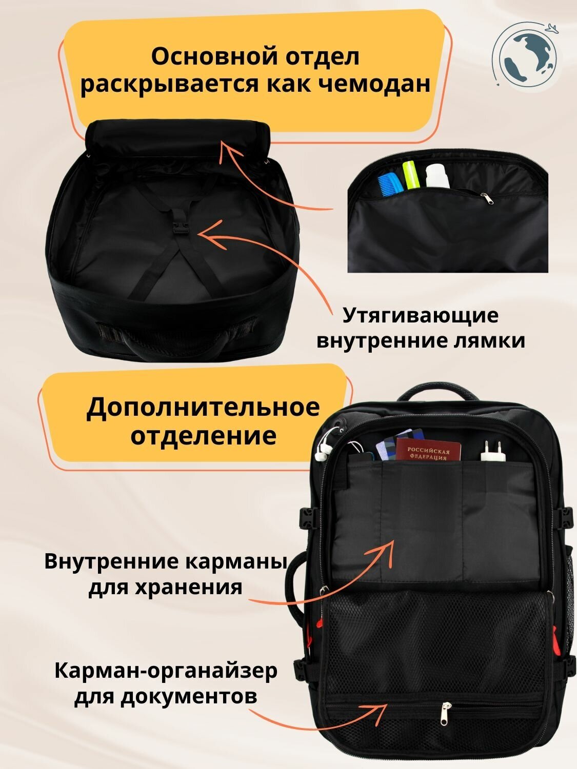 Рюкзак сумка чемодан ручная кладь S в самолет дорожная 44 л, черный - фотография № 2