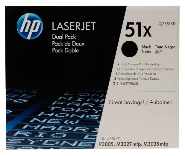 Картридж HP Q7551XD для HP LaserJet P3003dn, P3003x, P3004, P3004d, P3004n, P3005, P3005d, P3005dn, P3005n, P3005x, M3027, M3027x, M3035, M3035xs (ресурс 2x13000 страниц) Двойная упаковка