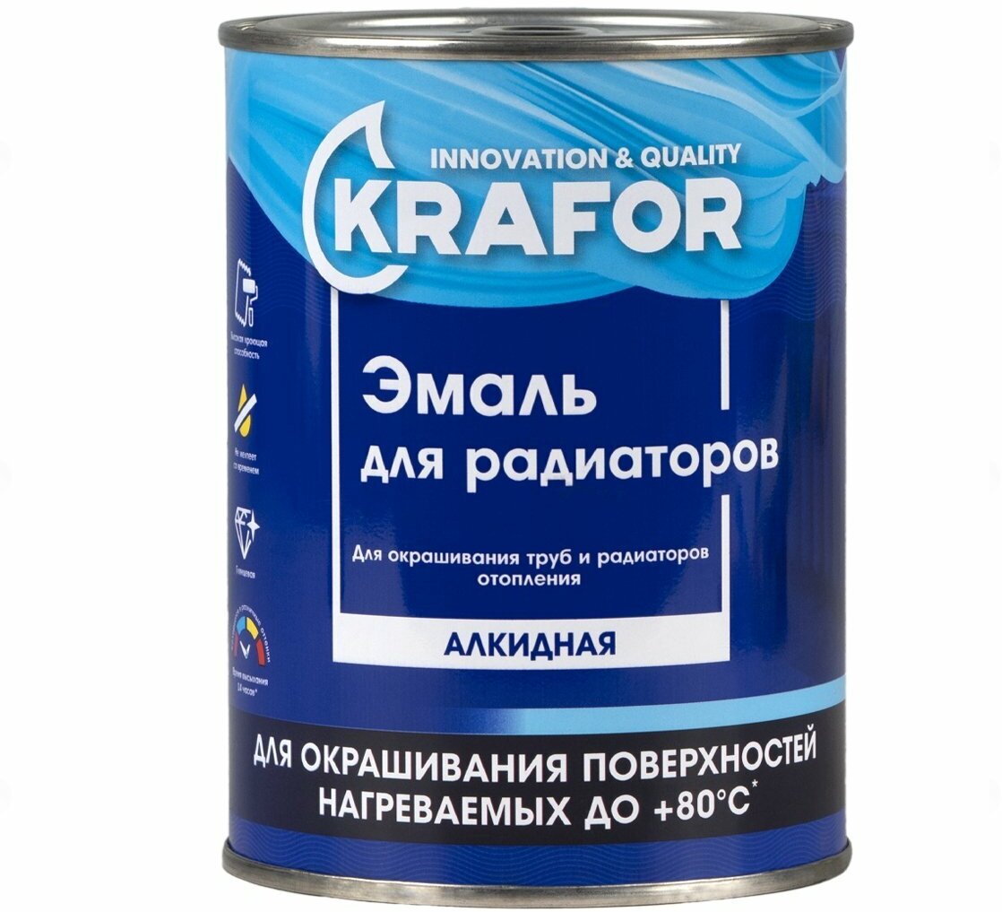 Эмаль для радиаторов и труб отопления Krafor, алкидная, глянцевая, 0,9 кг, белая