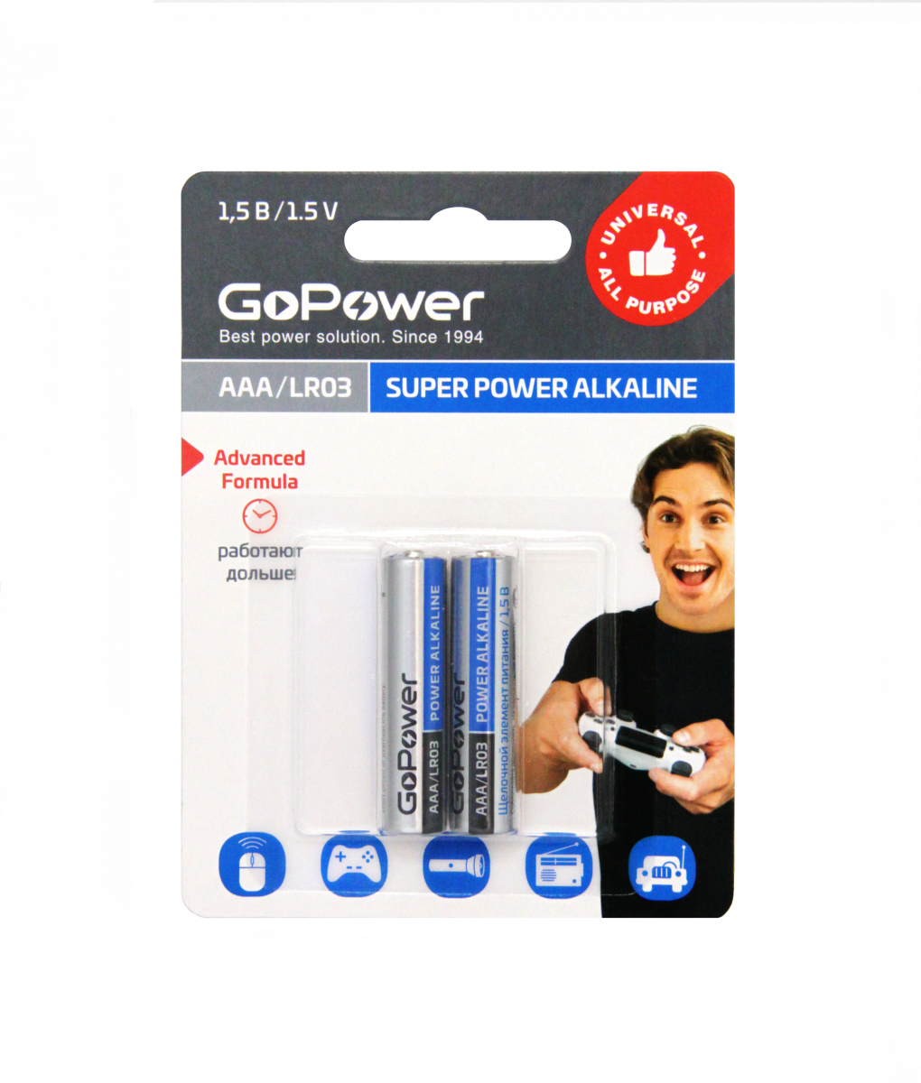 Батарейка GoPower LR03 AAA BL2 Alkaline 1.5V (2/24/480) блистер (2 шт.) Батарейка GoPower LR03 AAA (00-00019862) - фото №12