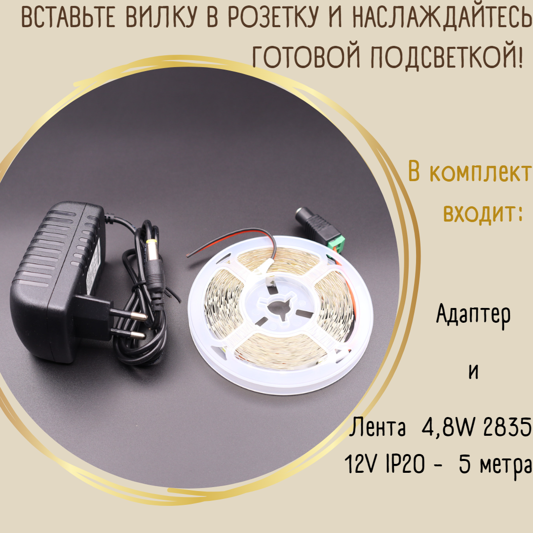 Комплект светодиодной ленты Эконом 5 метров LED 4,8W, 2835-60D-IP20 12V 6500K, Холодный белый