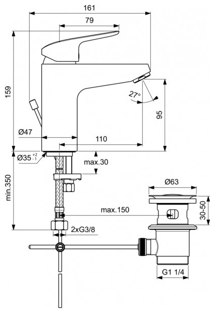 Ceraflex B1712AA Смеситель для раковины (3/8", однозахватный, с д/к, картридж) Ideal Standard - фото №2