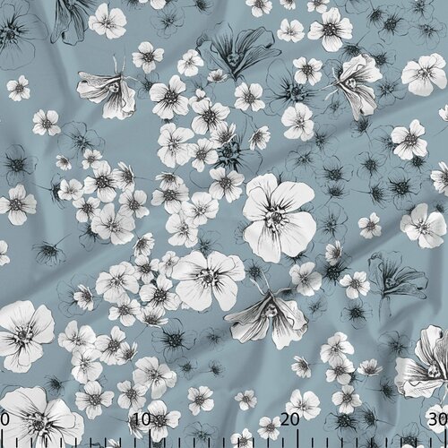 Ткань для шитья бифлекс с дизайнерским принтом Белые цветки на голубом, купон 100х150 см, плотность 235 г. м2