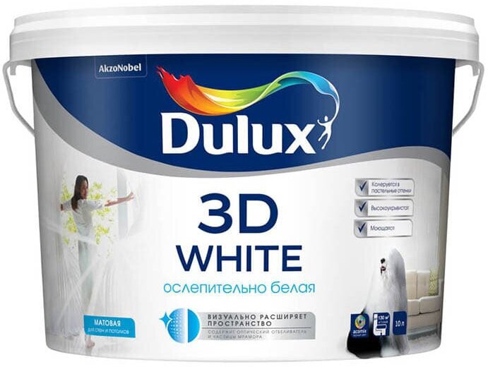 Краска для стен и потолков Dulux 3D White Новая Ослепительно Белая, бархатистая (10л) - фотография № 2