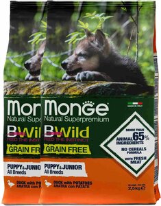 Фото Monge Dog BWild GRAIN FREE беззерновой корм из мяса утки с картофелем для щенков всех пород 2,5 кг х 2шт.