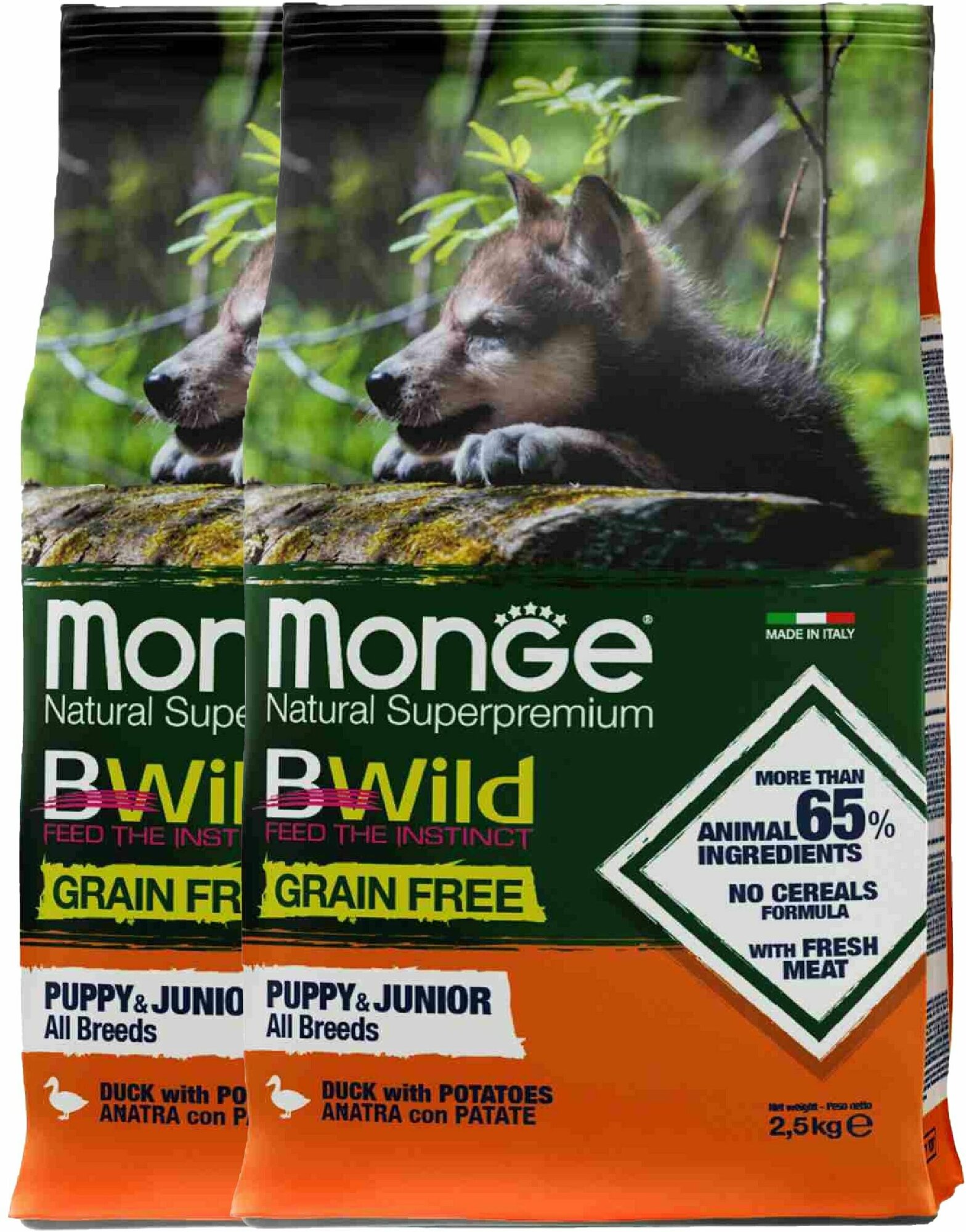 Monge Dog BWild GRAIN FREE беззерновой корм из мяса утки с картофелем для щенков всех пород 2,5 кг х 2шт.