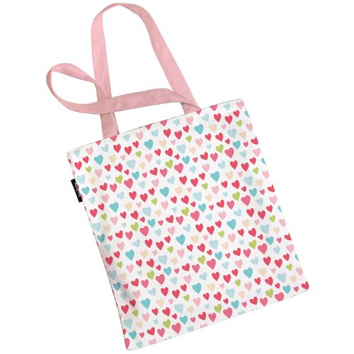 фото Сумка шоппер joyarty "разноцветные сердца", ткань под лен, 35x37x7 см