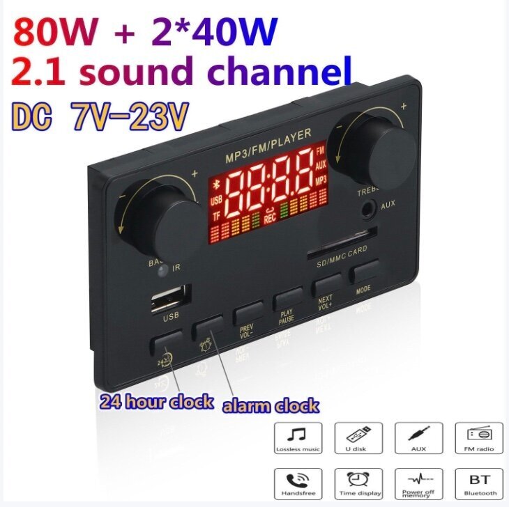 Декодер плата Bluetooth AUX USB TF FM с усилителем мощности звука 2X40W+80W 7-19 В