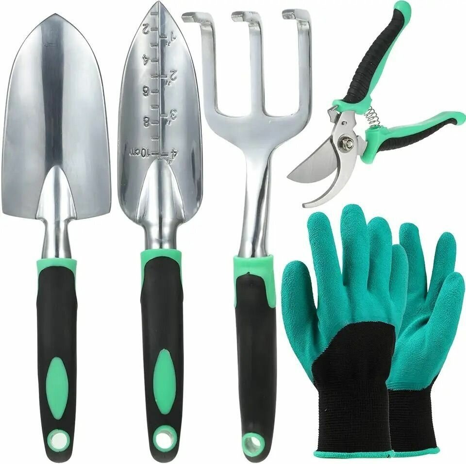 Набор садового инструмента грабли, совок, шпатель, секатор, перчатки VF-05G - фотография № 2