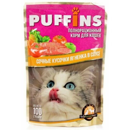 Puffins корм консервированный для кошек Ягнёнок сочные кусочки в соусе, 100 г, 12 штук