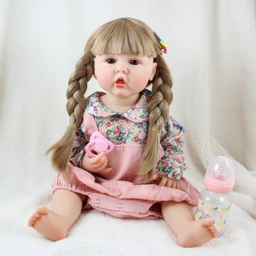 Виниловая кукла Реборн (Reborn Dolls) - Девочка в комбинезоне с косичками (56 см)
