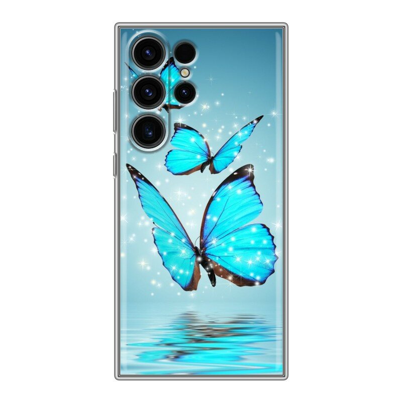 Дизайнерский силиконовый чехол для Гэлакси С23 Ультра / Samsung Galaxy S23 Ultra Бабочки голубые