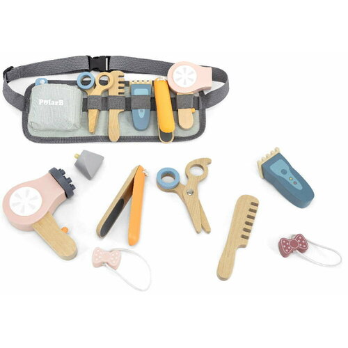 Набор Парикмахер (10 предметов) в поясной сумке в коробке фен, насадки, ножницы, плойка, машинка, расческа, резинки, бритва