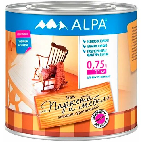 Лак алкидно уретановый износостойкий влагостойкий Alpa для Паркета и Мебели 750 мл матовый 900₽