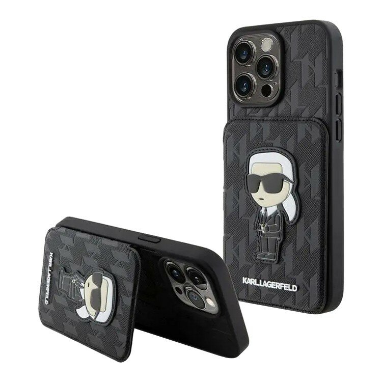 Karl Lagerfeld для iPhone 15 Pro Max чехол Cardslot Stand PU Saffiano Monogram NFT Karl Ikonik Hard Black