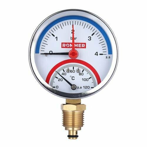 фото Термоманометр радиальный ROMMER RIM-0006 - 1/2" (D80 мм, шкала 0-120°C/0-4 бар, с запорным клапаном)