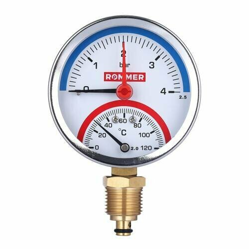Термоманометр радиальный ROMMER RIM-0006 - 1/2" (D80 мм шкала 0-120°C/0-4 бар с запорным клапаном)