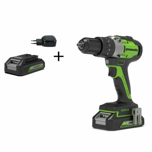 Ударная дрель-шуруповерт аккумуляторная Greenworks GD24DD60k2 24v 60 Нм в комплекте АКБ 2 Ач и ЗУ в кейсе 1399000₽